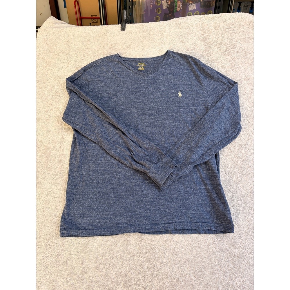 Polo Ralph Lauren Mens V-Neck Long Sleeve T-Shirt Blue Heather‎ Cotton Large L - Picture 2 of 9